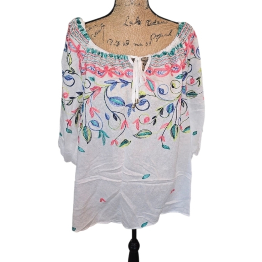 Anthropologie X Kindred Floral Embroidered Peasant‎ Blouse Plus Size 2X 3X New